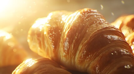 Golden flaky croissant glistening in warm sunshine creating a delightful breakfast experience food