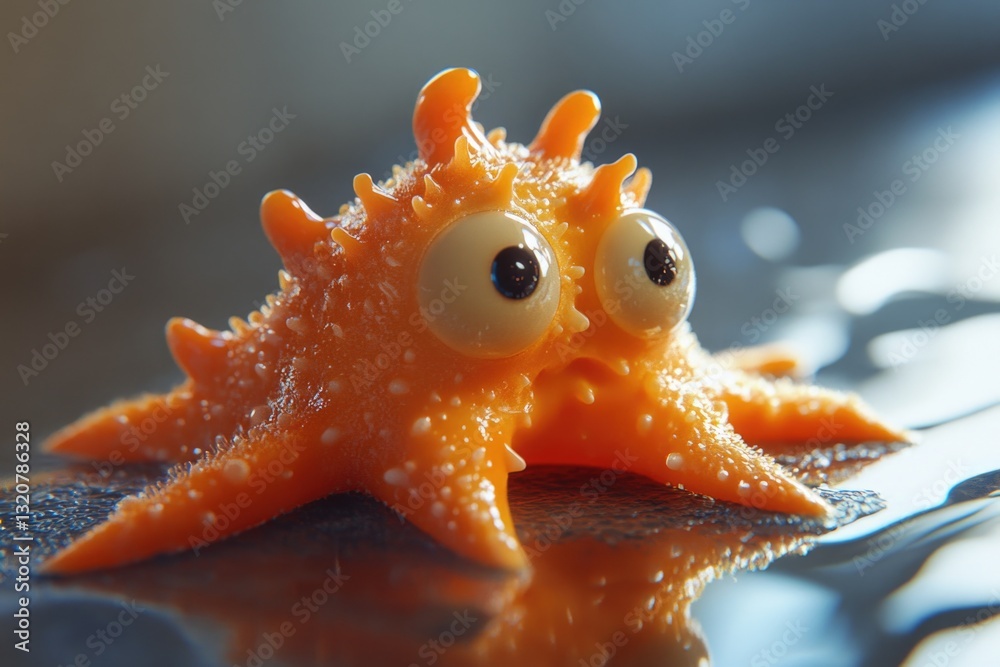 Poster a detailed view of a plastic toy octopus on a table, ready for play or display