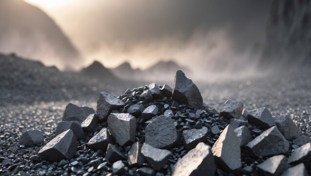 Jagged tungsten ore resting on gravel with a tungsten mine in soft dawn light.