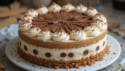 Delicious layered cake adorned with cream, chocolate, and crunchy topping for any celebration.