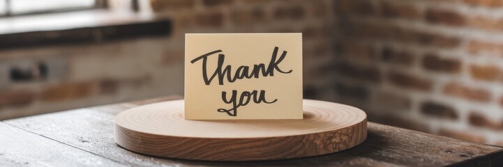 A heartfelt thank you note on a wooden stand.  Expressing gratitude in a simple yet elegant way.