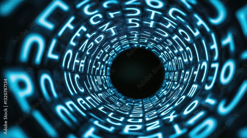Poster abstract digital tunnel with glowing blue letters and numbers representing data visualization and te