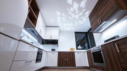 Fototapeta premium Stylish Corner Kitchen with Unique Lighting, Modern Appliances, and Elegant Wood Finishes