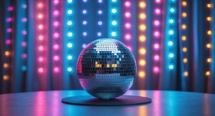 Fototapeta premium Disco ball on a table with colorful lights in the background creating a festive atmosphere for a party