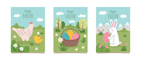 Set of Easter cards. Easter greeting backgrounds with Easter objects - eggs, bunny, hen and chicken. Easter concept postcards. Vector hand drawn posters.