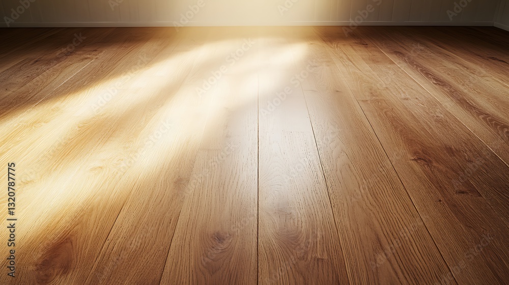 Poster Wooden floor with sunlight casting soft shadows, creating a warm and inviting atmosphere.