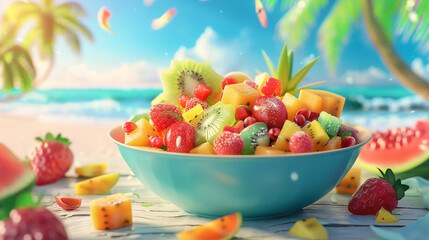 a photorealistic bowl of fruit salad with tropical flavors