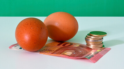 
Eggs and coins: symbol of inflation and the rising cost of living and rising prices. A visual representation of the economic impact on families and eating habits.