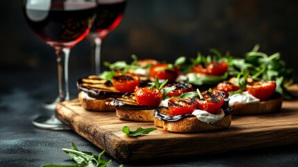 Delightful bruschetta topped with grilled tomatoes sits on a wooden platter, accompanied by two glasses of rich red wine, creating a warm atmosphere perfect for casual dining