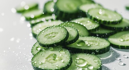 Close Up Of Fresh Cucumber Slices With Water Drops