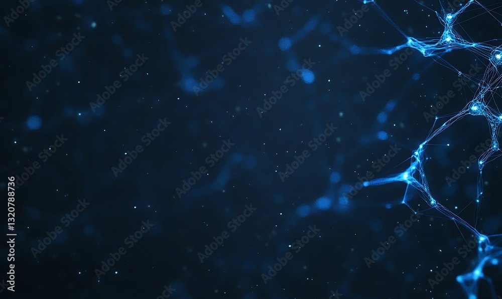 Poster Abstract blue network with glowing nodes against a dark background.
