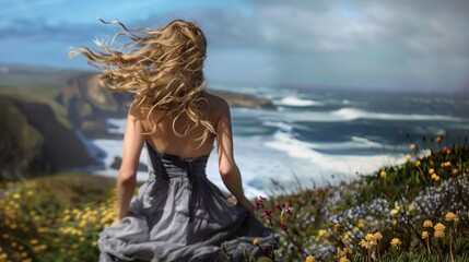 Obraz premium Girl Surrounded by Prairie Flowers, Embracing the Explosion of Colorful Patterns and Delightful Fragrance, Celebrating the Vital Role of Nature in Sustaining Ecosystems