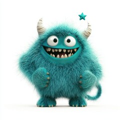 Fototapeta premium Teal Fluffy Monster with a Star-Shaped Tail and Soft Paws, isolated on clear white background