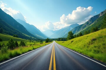 Asphalt Ribbon Unfolding Through Verdant Valley, Flanked by Majestic Mountains Under a Sky of Brilliant Blue and Puffy White Clouds