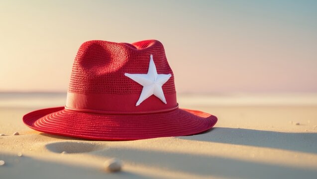 A red hat with a white star on it is laying on the sand.