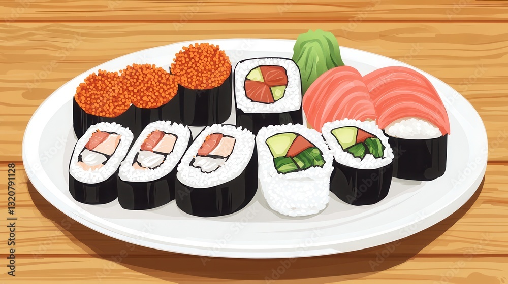 Aufkleber sushi plate featuring spicy tuna and assorted rolls on a wooden table in a tranquil dining setting