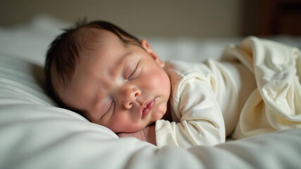 Asian newborn baby sleeping on the bed