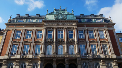Fototapeta premium A striking close-up of the Royal Danish Theatre facade in Copenhagen, showcasing minimalist urban architecture