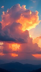 Naklejka premium Dramatic Clouds Glowing at Sunset Over Mountain Landscape Scenery