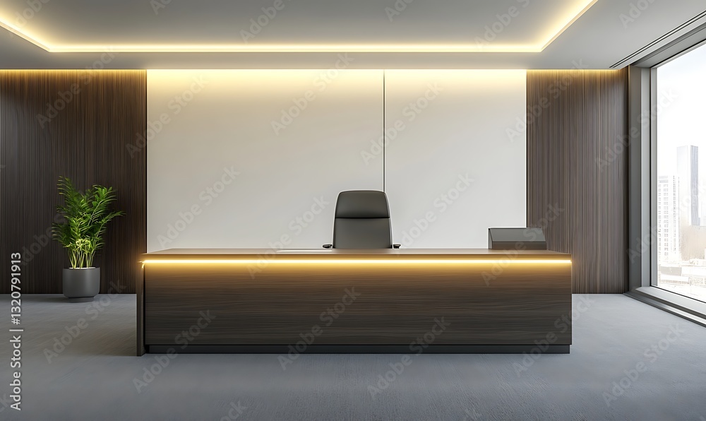 Poster modern office reception area with sleek furniture and large windows.