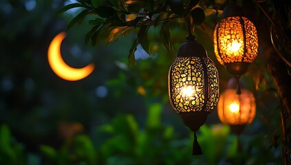Fototapeta premium Ornate Lanterns Glowing Under a Crescent Moon at Night