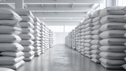 Stacked white sacks arranged neatly in a warehouse showcasing organized storage solutions for bulk materials and goods in a commercial setting concept.