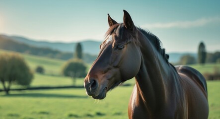 Obraz premium curious dark brown horse observing on a lush green pasture in the Argentine countryside