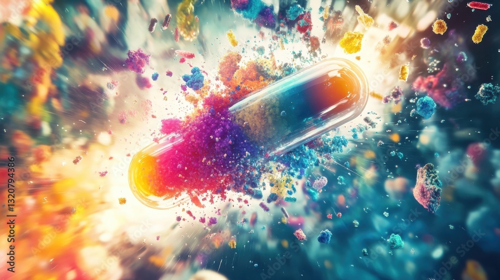 Poster vibrant abstract explosion of colorful particles from a capsule in a dynamic cosmic background with 