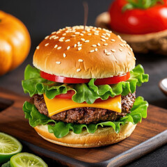 Delicious Cheeseburger with Fresh Vegetables on Vibrant Background