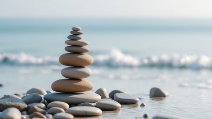 Fototapeta premium A carefully balanced stack of smooth stones beside the ocean.