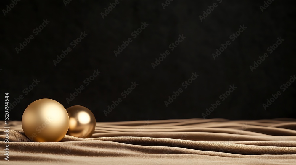 Poster golden spheres resting on a textured fabric under soft lighting.