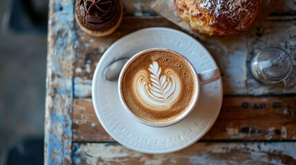 Fototapeta premium Experience the allure of a French cafe where a creamy latte adorned with exquisite latte art pairs perfectly with a delicate pastry, all on a rustic wooden table