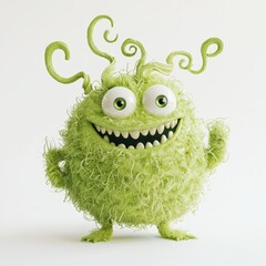 Fototapeta premium Lime Green Fluffy Monster with Swirly Antennae and a Happy Giggle, isolated on clear white background
