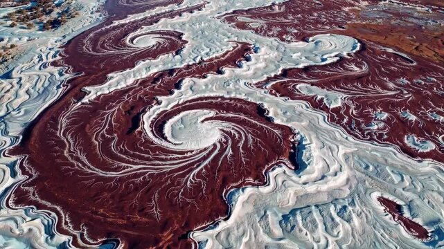 Aerial view of swirling salt patterns and red sediments in arid landscape