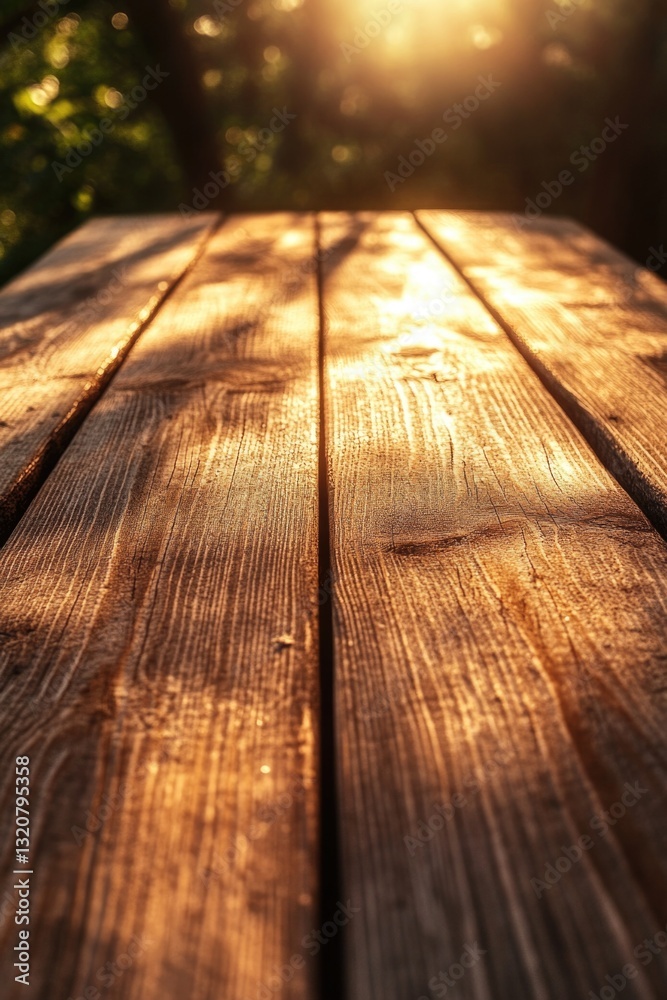 Poster A close-up view of a wooden table with sunlight in the background