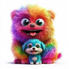 Fototapeta premium Rainbow Fluffy Monster Joyfully Playing with a Puppy, isolated on clear white background