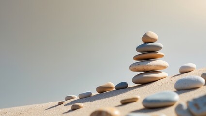 A stack of balanced pebbles sits on the sandy shoreline