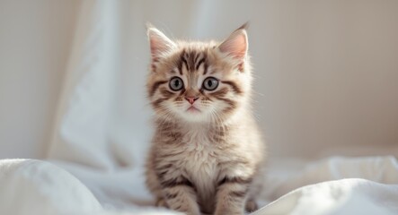 Cute tabby kitten sitting and looking curiously