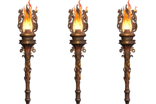 Ornate flaming torches in medieval style on transparent background