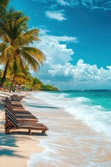 Tranquil beach resort with swaying palm trees under the warm sun, perfect for a relaxing getaway.