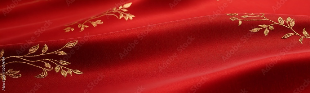Poster rich red fabric with delicate golden embroidery, creating an elegant texture.