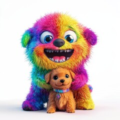 Obraz premium Rainbow Fluffy Monster Joyfully Playing with a Puppy, isolated on clear white background