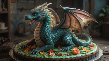Fototapeta premium Intricate dragon cake art, showcasing vibrant colors and detailed design, perfect for fantasy-themed celebrations.