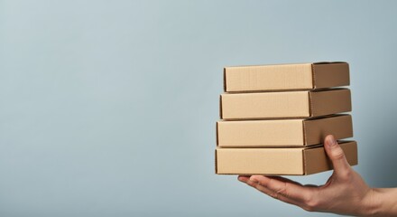 Hand holding stacked cardboard boxes against a light blue background