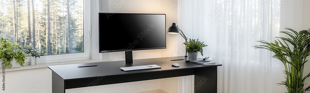 Poster modern workspace featuring a desk, monitor, and greenery with natural light streaming in through lar