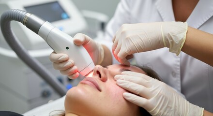 Woman receiving facial treatment with laser device in a skincare clinic