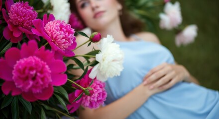 Young woman relaxing among vibrant peonies in a serene outdoor setting