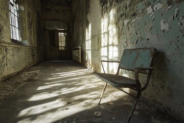 A worn-out chair sits alone in an abandoned or neglected room, possibly used for storage or forgotten