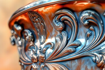 A macro shot of an intricately designed metal vase with floral patterns, showcasing the play of light and shadows on its textured surface and elegant curves.