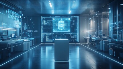Futuristic laboratory with data displayed on large digital screens